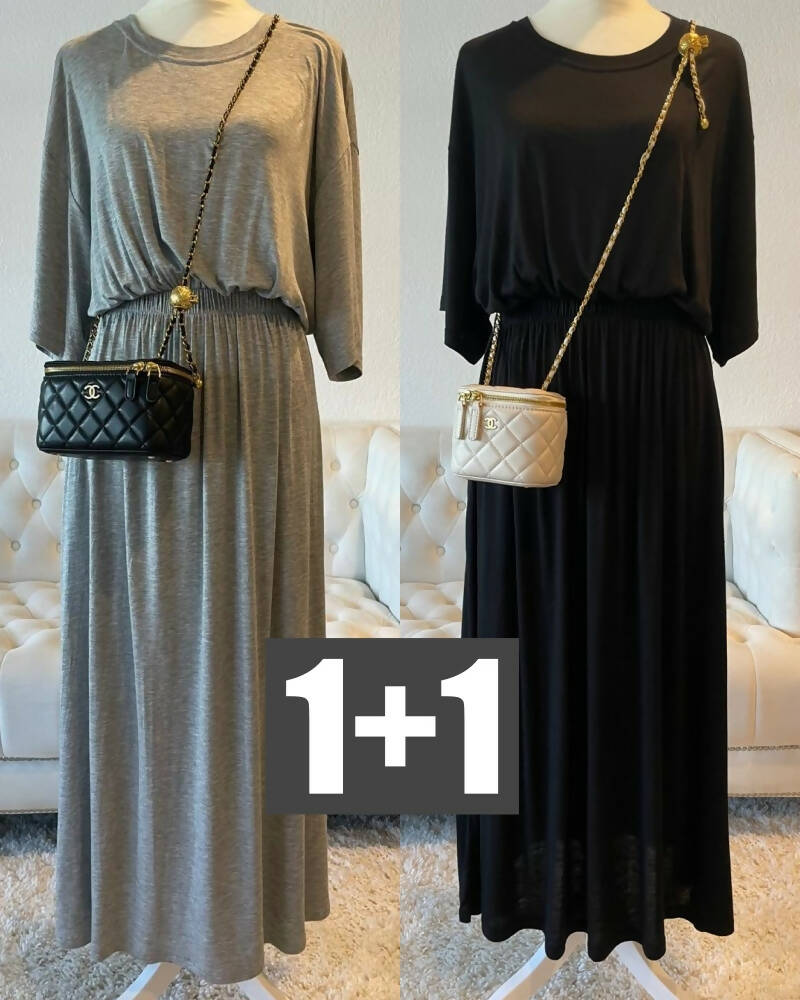 [청담캘리] World Comfortable Stay-at-home Plain Dress 2pc set(Black+Gray)