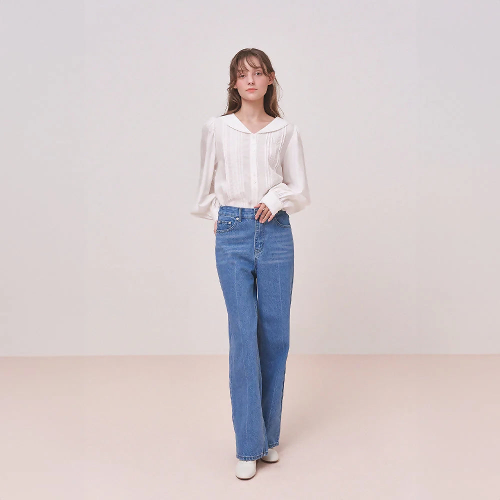 르니나KINSLEY Wide Washing Denim Pants - Blue
