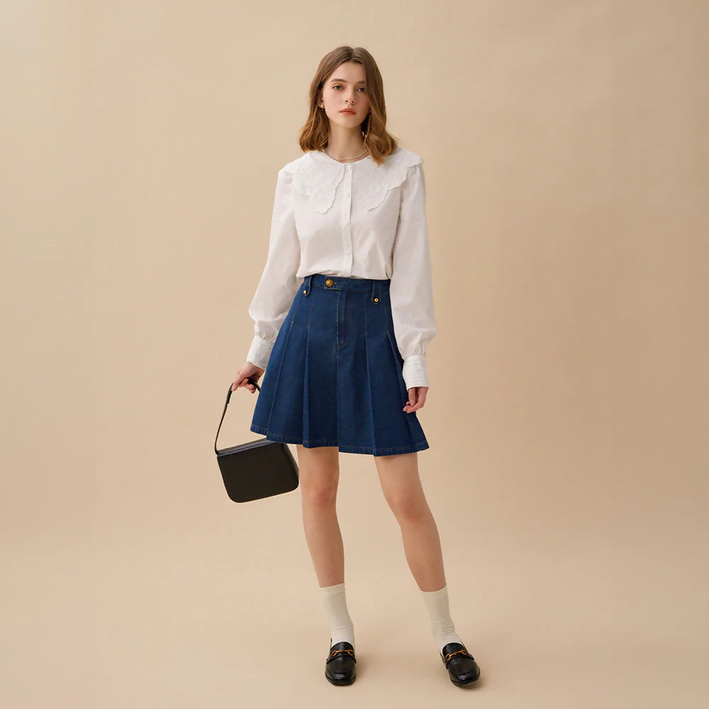 르니나LENINA AUDREY Denim Pleats Mid Skirt - Blue