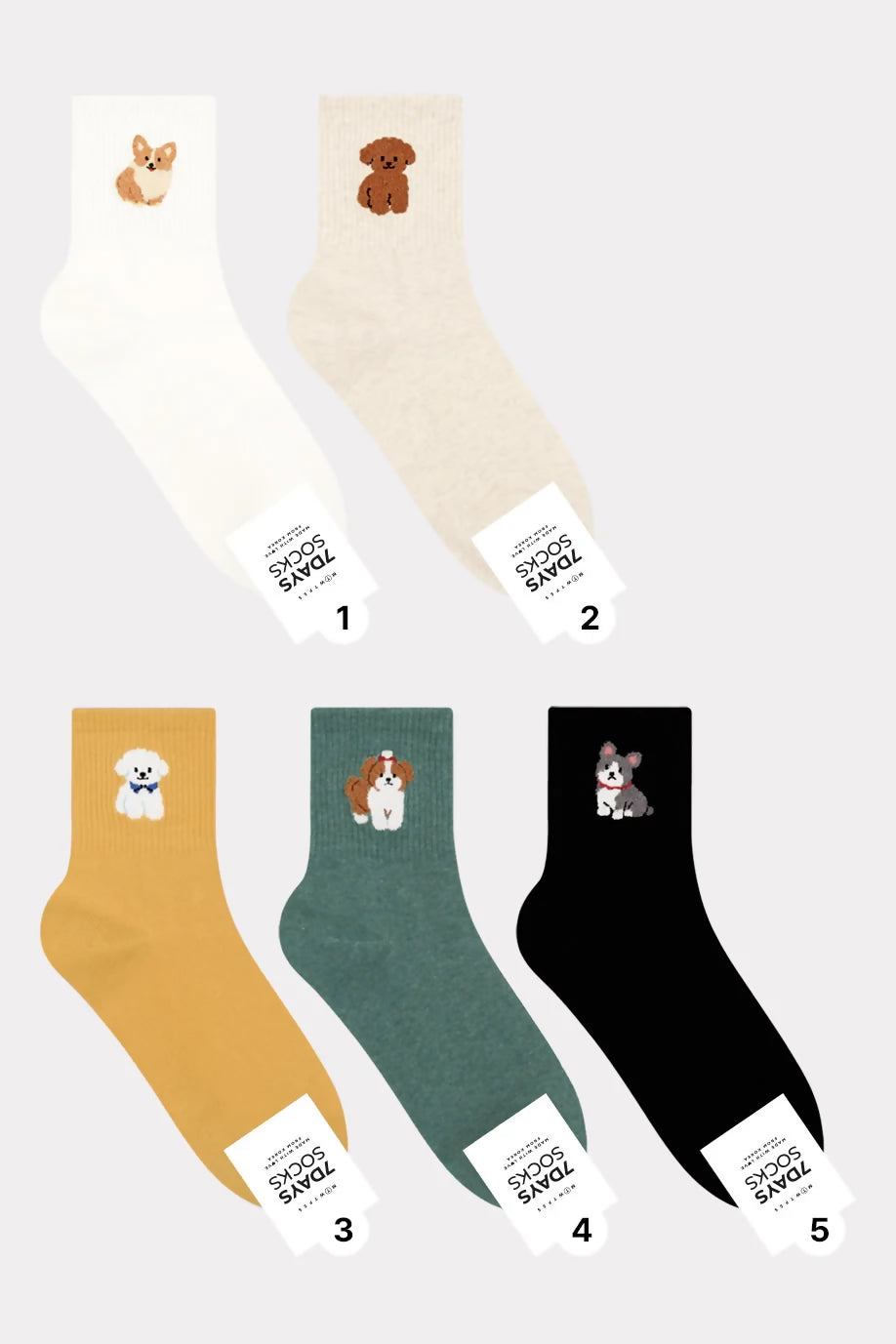 [Daily Sox Studio] 여성 퍼피 랜드 크루 양말 (5컬러 세트) W Puppy Land Crew Socks (5 Color Set)_Made in Korea