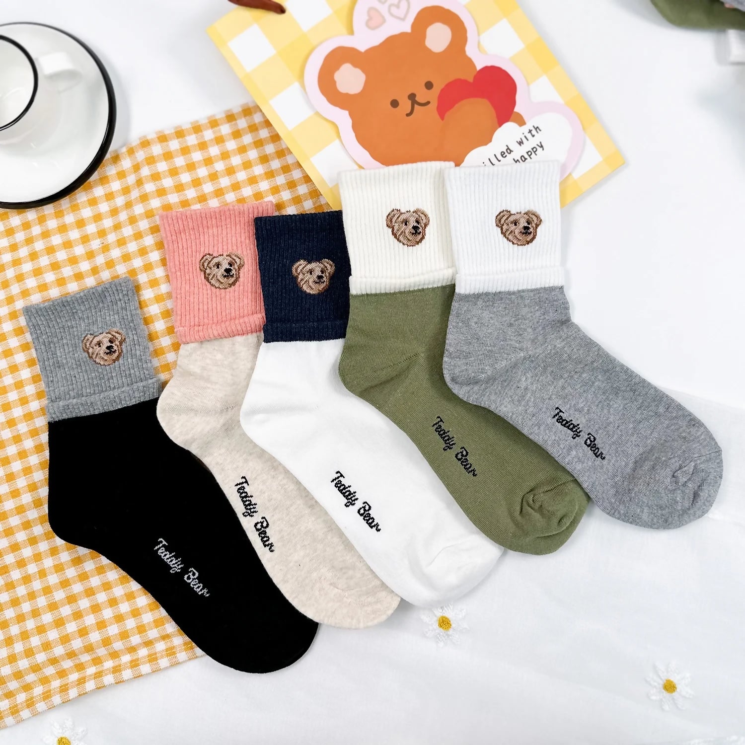 [Daily Sox Studio] 여성 곰돌이 포인트 크루 양말 (5컬러 세트) W Point Bear Crew Socks (5 Color Set)_Made in Korea