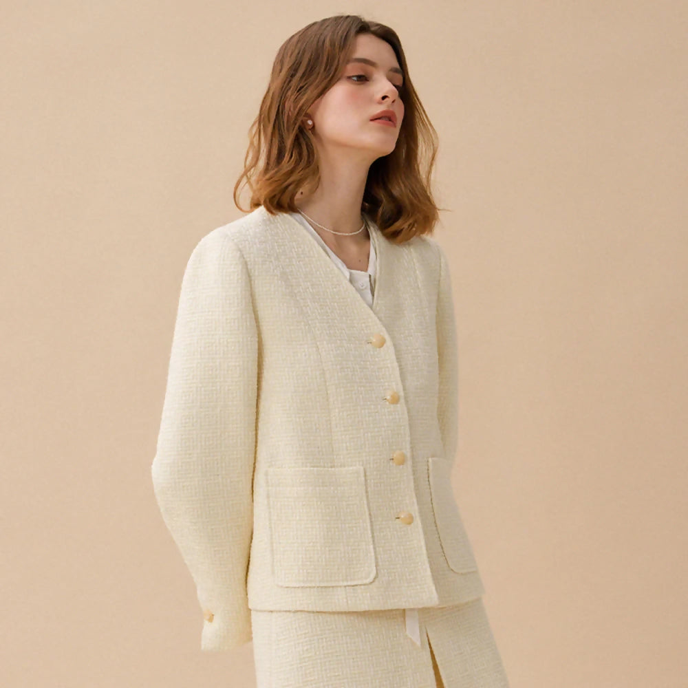 르니나WILMA Woolen V Neck Tweed Jacket - Ivory