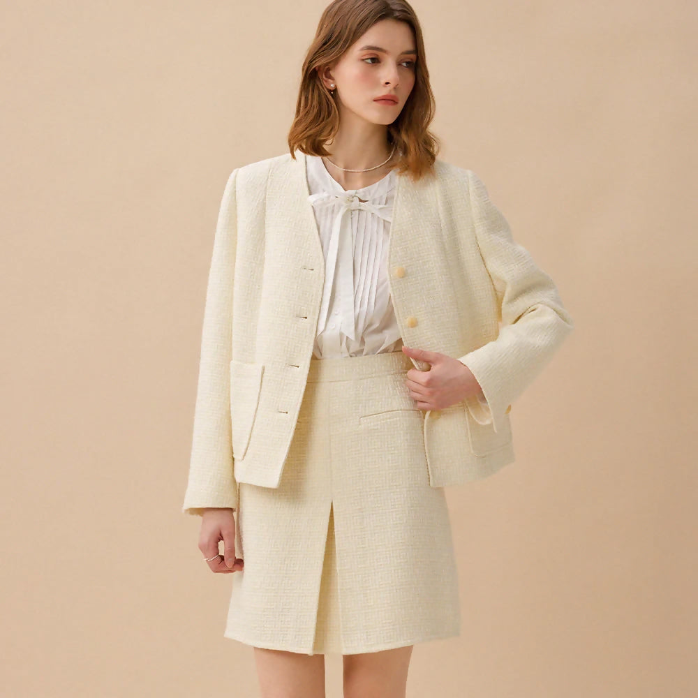 르니나WILMA Woolen Tweed Mid Skirt - Ivory