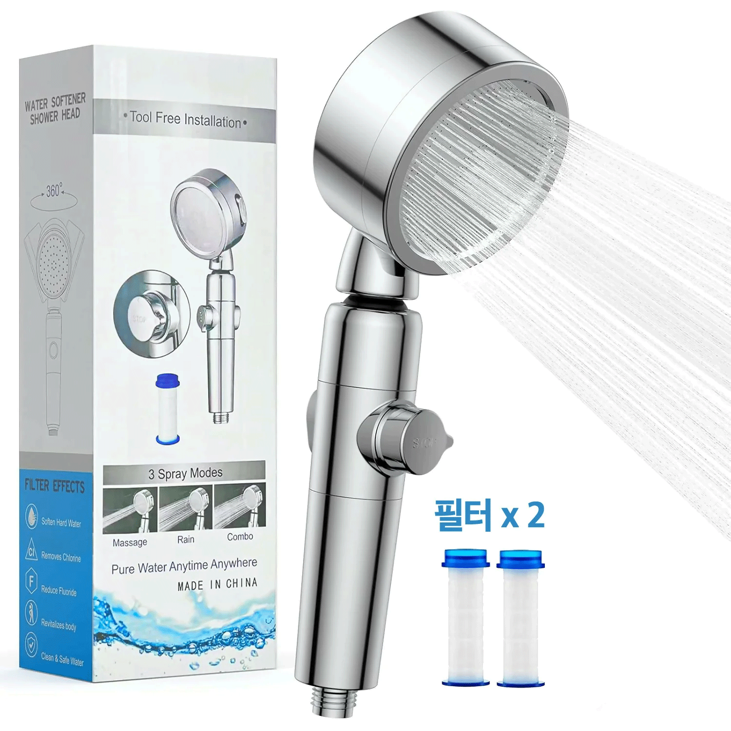 [ODK추천 폭포샤워] 초초강력 3단계 분사 모드의 고압 절수 손잡이형 샤워기 + 필터 2개 포함-ODK Direct(당일출고)