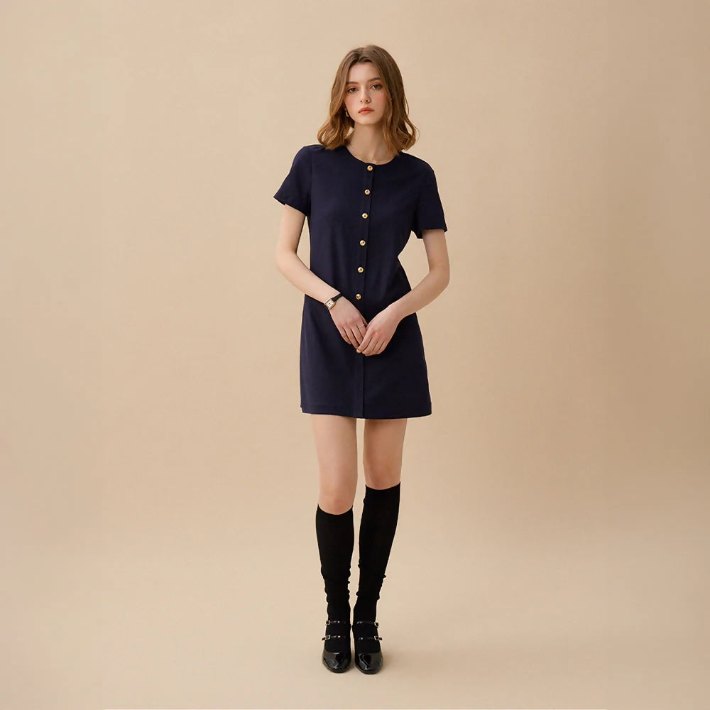 르니나LENTINA Linen Button Dress - Nav