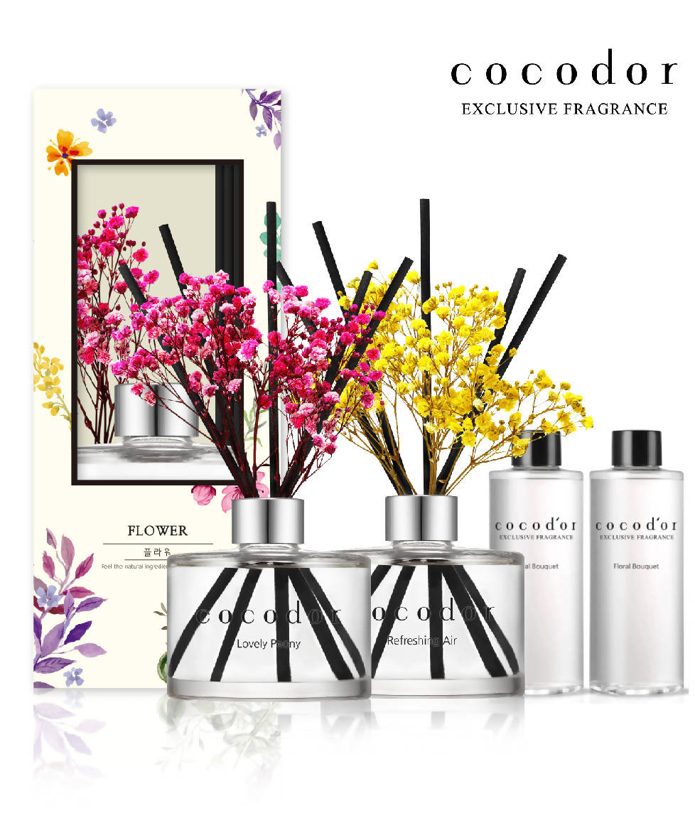 [COCODOR] 2 Preserved Real Flower Diffusers (200ml each) + 2 Diffuser Refills (200ml each) w/ Random Fragrances
