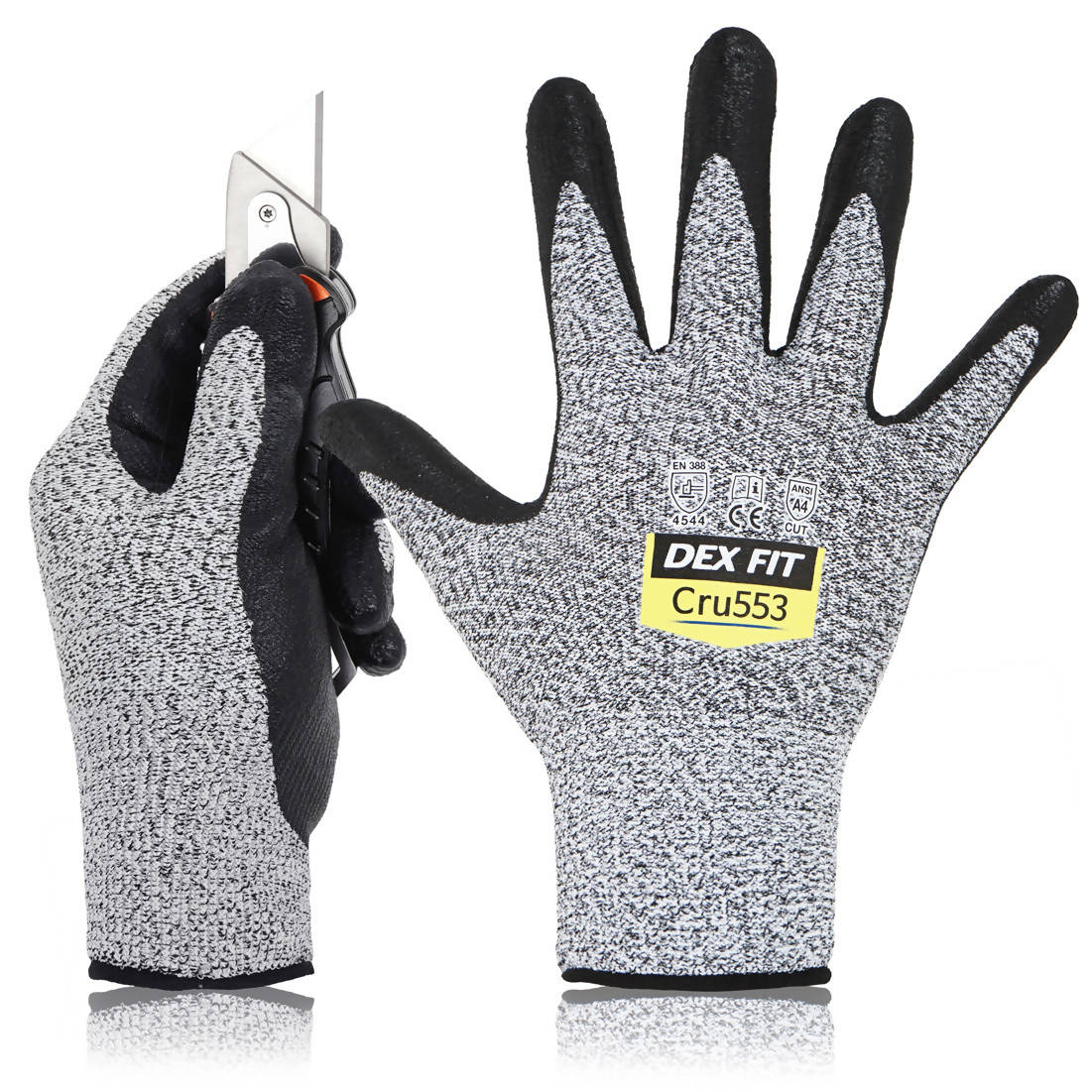 DEX FIT Level 5 Cut Resistant Gloves Cru553, 3D Comfort Fit, Nitrile Foam Coated, Smart Touch 3 Pairs