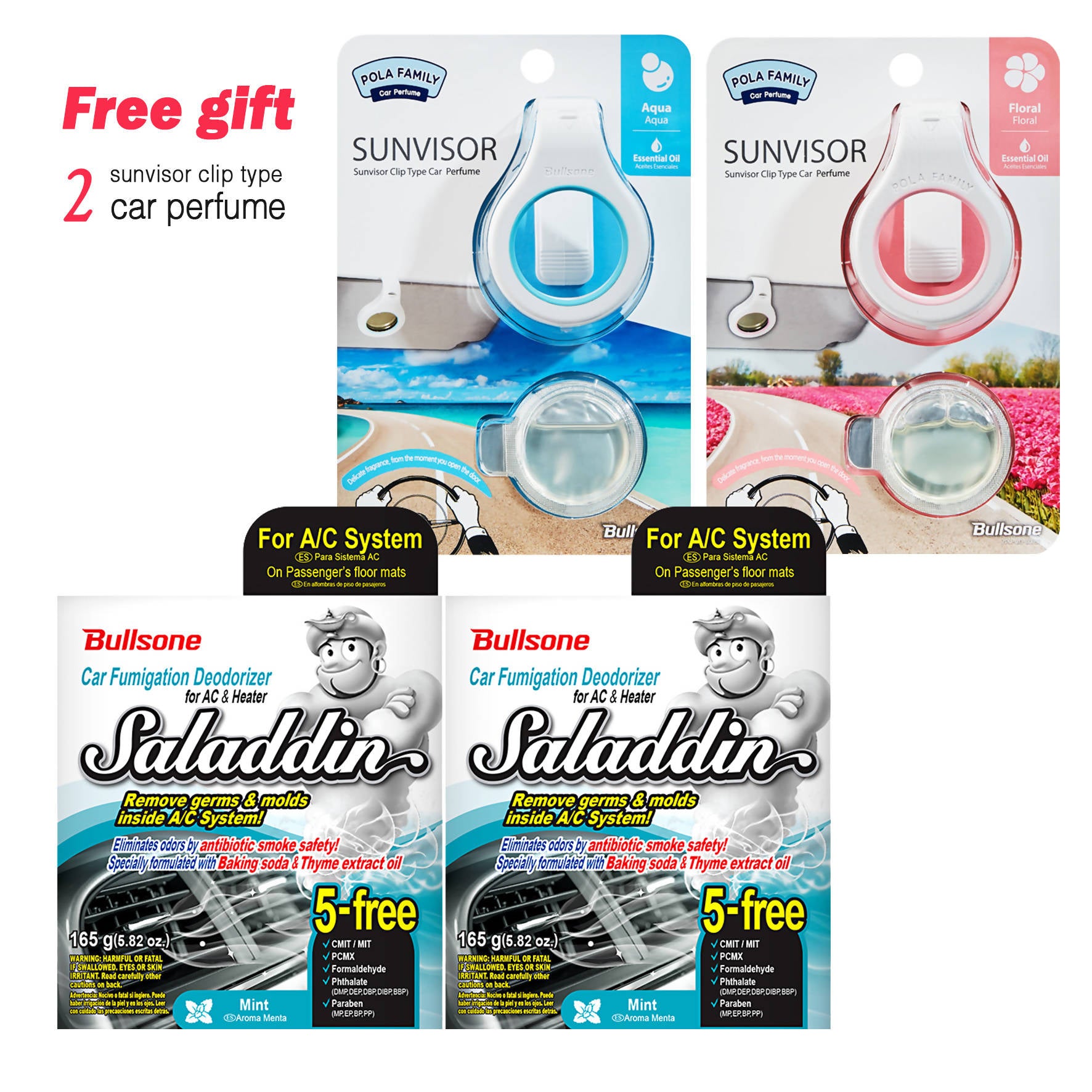 [10% OFF LIMITED TIME ONLY] Bullsone Saladdin Car Fumigation Deodorizer for A/C & Heater system (2 PACKS) +Free gift (2 Pola Family Sunvior Clip Type Perfume)